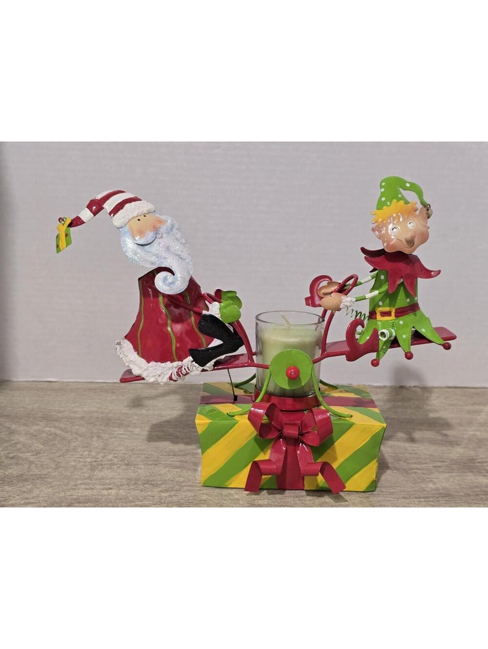 Home Interiors  Santa & Elf Seesaw Wind Up Musical Candle and Holder Box Works